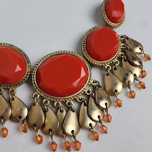 GOLD Tone Red Dangle Statement Necklace - Picture 3 of 7